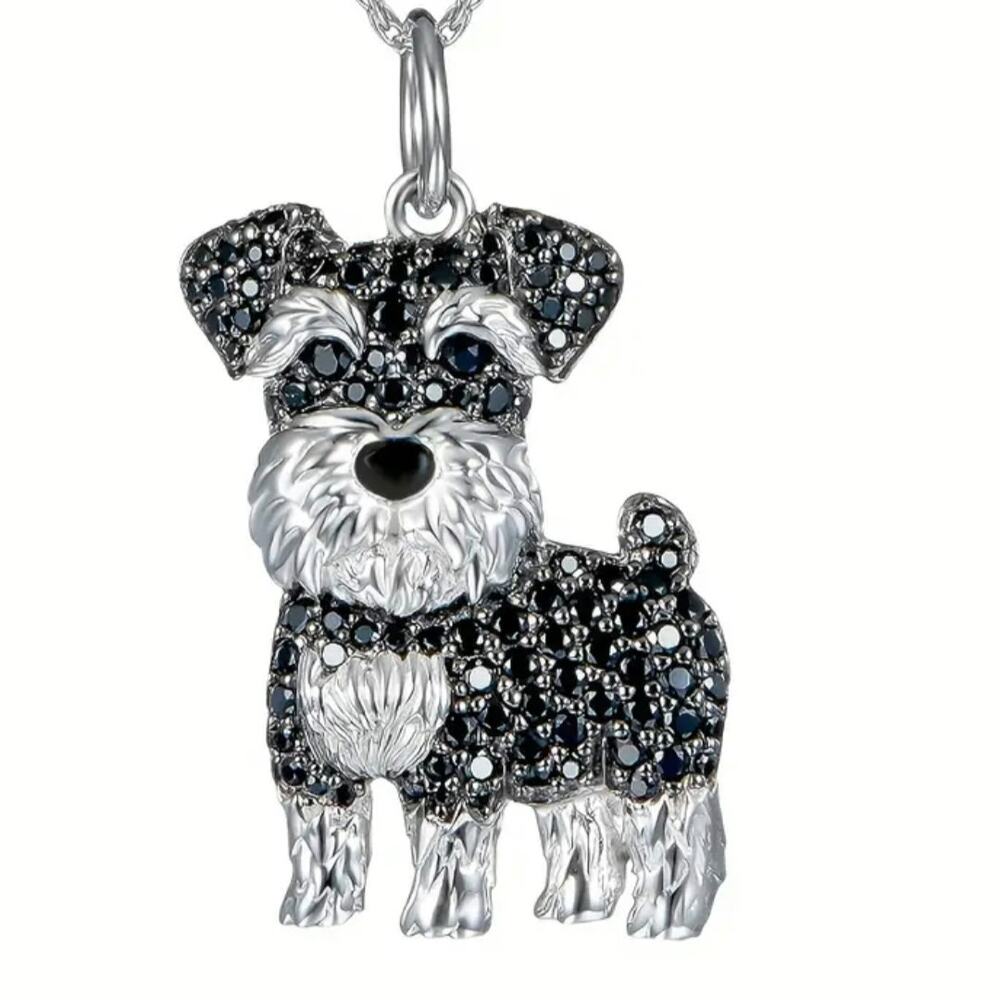 Schnauzer Dog Necklace Dainty Chain Silver Tone Rhinestone Puppy Pet Softgirl
